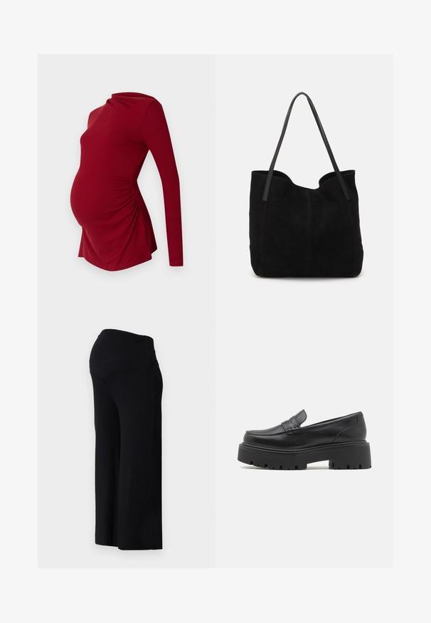 Haut de maternité à manches longues en texture côtelée, avec un décolleté drapé et un ruché sur les côtés pour s'adapter à un ventre en croissance.; Pantalons larges noirs côtelés avec une taille haute. Le tissu est lisse et extensible, offrant une coupe décontractée sur toute la longueur des jambes.; Mocassins en cuir noir avec une semelle en caoutchouc épaisse et basse, des détails cousus sur le dessus et une texture lisse.; Sac fourre-tout en suède noir avec deux longues anses en cuir plates. Présente un bord supérieur incurvé et des coutures visibles sur le devant. Pas d'accents en métal.