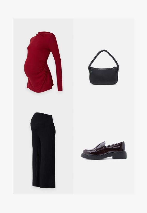 Lange mouw rode zwangerschapsblouse van ribbelstof, met een gedrapeerde halslijn en zijrimpeling om een groeiende buik te accommoderen.; Zwarte ribbel wijde broek met een hoge taille. De stof is soepel en elastisch, wat zorgt voor een relaxte pasvorm door de benen.; Glinsterende bordeauxrode leren loafers met een ronde neus, voorzien van een gestikte versiering en een getextureerde zwarte rubberen zool.; Zwarte handtas met een ronde vorm, gemaakt van glad materiaal. Heeft een gevlochten handvat en een ritsluiting voor veilige opslag.