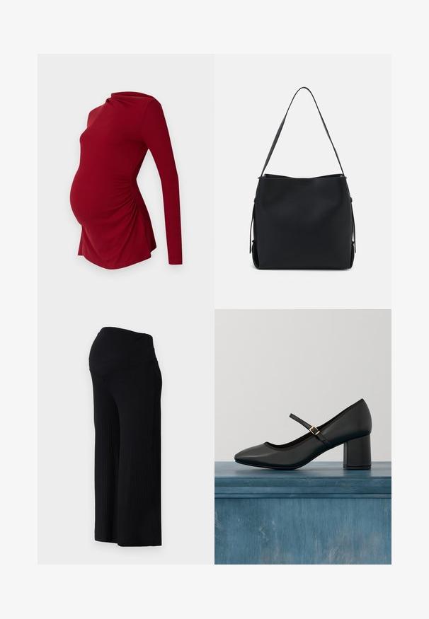 Langærmet rød graviditetstop i ribbet tekstur, med en draperet halsudskæring og sidelæggede detaljer for at rumme en voksende mave.; Sorte ribbede bredbenede bukser med høj talje. Stoffet er glat og strækbart, hvilket skaber en afslappet pasform hele vejen ned ad benene.; Sort Mary Jane-sko med blokhæl og guldfarvet spænde, svævende over et glat betongulv i en minimalistisk indendørs setting.; Pieces PCBONY - Håndtasker - black