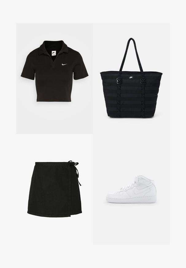 Polo negro recortado de algodón con un collar tradicional y mangas cortas. Presenta un logo de Nike en blanco en el lado izquierdo del pecho.; Falda envolvente negra de algodón con cierre de lazo, de corte recto y dobladillo a mitad del muslo. Presenta una textura suave y un diseño minimalista.; Zapatillas altas blancas de cuero con cuello acolchado, puntera perforada, cordones y correa ajustable en el tobillo; logo en el lado.; Bolso tote de nailon negro con diseño de cintas horizontales, asas dobles y dos acentos decorativos de hardware. Pequeño logotipo en la parte frontal.