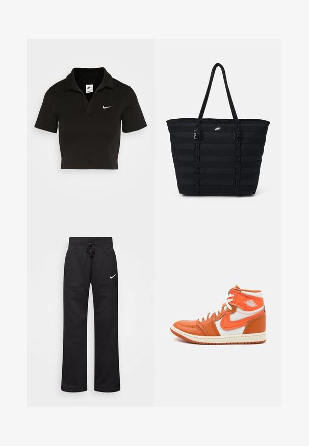 Polo negro recortado de algodón con un collar tradicional y mangas cortas. Presenta un logo de Nike en blanco en el lado izquierdo del pecho.; Pantalones de chándal negros hechos de una mezcla de algodón, con una cintura elástica ajustable, piernas rectas y un logo blanco de Nike en el lado izquierdo.; Zapatillas altas que cuentan con cuero naranja y paneles de textil blanco, con una suela de goma y un destacado detalle de logo en el lateral.; Bolso tote de nailon negro con diseño de cintas horizontales, asas dobles y dos acentos decorativos de hardware. Pequeño logotipo en la parte frontal.