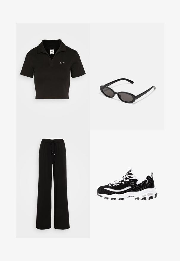 Polo negro recortado de algodón con un collar tradicional y mangas cortas. Presenta un logo de Nike en blanco en el lado izquierdo del pecho.; Pantalones de chándal anchos y negros, hechos de tela suave, con una cinturilla elástica que incluye un cordón y extremos de metal.; Zapatilla deportiva en blanco y negro con parte superior de ante, cuello acolchado y suela ligera. Presenta un logotipo prominente y detalles de costura en contraste.; Even&Odd by Zalando Gafas de sol - black