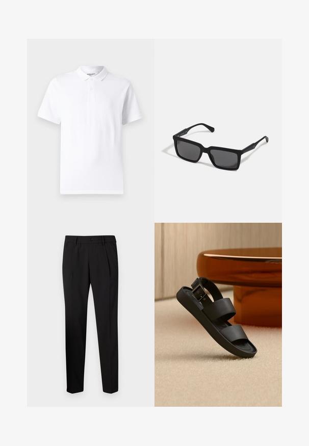 Polo shirt blanc avec un col classique, une patte de boutonnage à deux boutons, des manches courtes et un petit logo sur la poitrine. Fabriqué en tissu lisse.; Pantalons noirs ajustés avec une coupe droite, dotés d'une taille élastique, d'une fermeture à un bouton et de deux plis à l'avant pour plus de détails.; Sandale noire avec double brides et une boucle sur un tapis beige, à côté d'une table ronde de couleur ambre dans une pièce aux tons neutres.; Lunettes de soleil noires avec des verres rectangulaires, finition mate, épaisses montures et branches fines comprenant un subtil détail de marque.