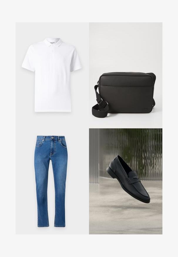 Camisa polo blanca con un collar clásico, tapeta de dos botones, mangas cortas y un pequeño logotipo en el pecho. Hecha de una tela suave.; Jeans de mezclilla azul con diseño de pierna recta, cinco bolsillos y detalles de costura visibles. El material muestra un ligero desvanecimiento. Estilo clásico.; Zapato tipo mocasín de cuero negro con acabado liso, punta puntiaguda y detalles cosidos en la pala. Tacón bajo y diseño minimalista.; Bandolera negra hecha de tejido texturizado, con cierre de cremallera, correa ajustable y logotipo en relieve en el panel frontal.