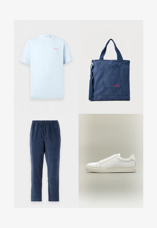 Lichtblauw katoenen T-shirt met korte mouwen, voorzien van een klein roze "Paris" logo op de bovenste linkerborst en een ronde hals.; Marineblauwe broek met een zachte textuur, elastische tailleband en rechte pijpen. Geen zakken. Stof lijkt licht opgeruwd.; Witte lage sneaker met veters aan de voorkant en dikke zool, zijaanzicht tegen een neutrale achtergrond.; Blauwe canvas tas met voorvak en rode "O.N.S" borduring, voorzien van dubbele handvatten en een verstelbare schouderriem.