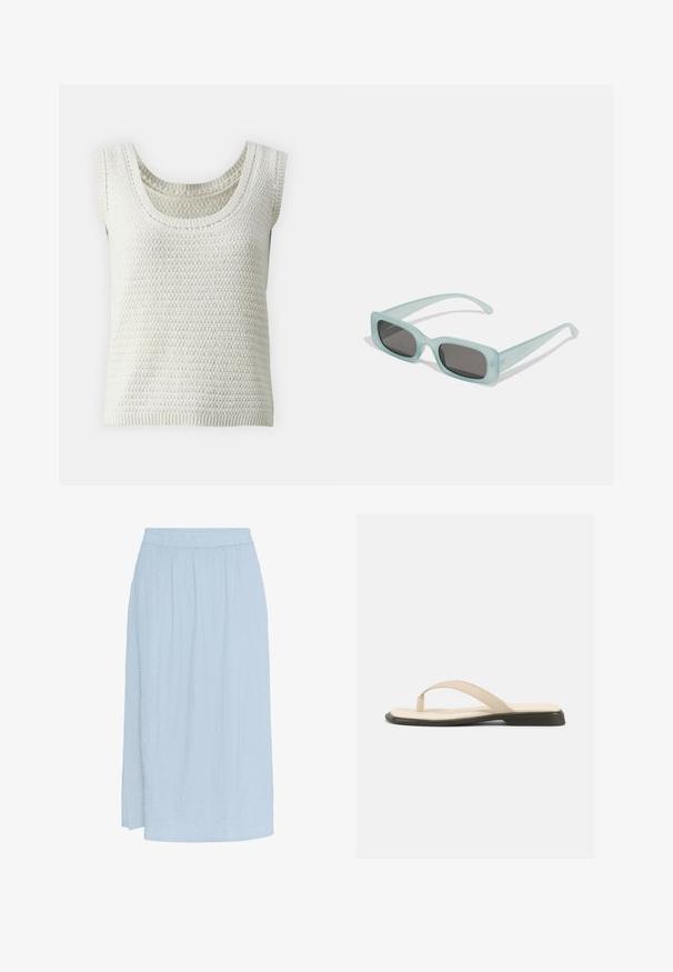 Débardeur blanc en tricot sans manches avec un décolleté en rond et un motif texturé avec des coutures subtiles le long des bords.; Jupe bleu clair, longueur genou, en tissu texturé avec des plis, dotée d'une taille élastique et d'une fente sur le côté pour faciliter les mouvements.; Sandale plate beige à bride en forme de tongs avec une semelle intérieure rembourrée et une semelle noire, vue de côté sur fond blanc.; Une paire de lunettes de soleil rectangulaires avec des montures translucides bleu clair et des verres gris foncé, présentant des branches droites et des détails matériels minimaux.