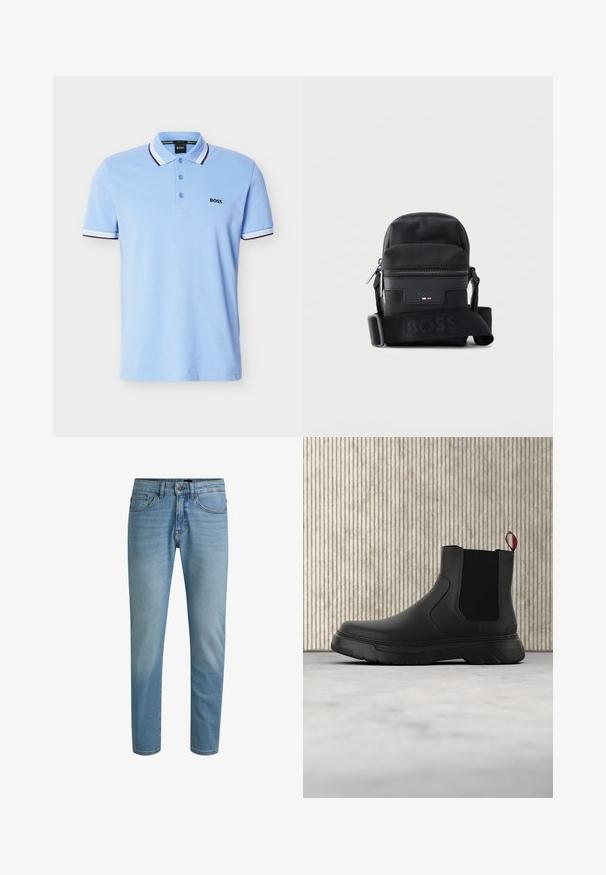 Lyseblå kortærmet poloshirt med hvid og sortstribet krave og ærmekanter, knapstolpe og "BOSS"-logo på brystet.; Lyseblå denimjeans med lige ben, design med fem lommer og let falmning. Har knaplukning og bæltestropper.; Sort ankelstøvle med en glat overflade, elastiske sidepaneler og en kontrasterende rød træksløjfe, der har en tyk gummisål og rund tå.; Sort kompakt crossbody-taske med frontlynlåslomme, justerbar rem prydet med "BOSS" og tekstureret stofdesign.