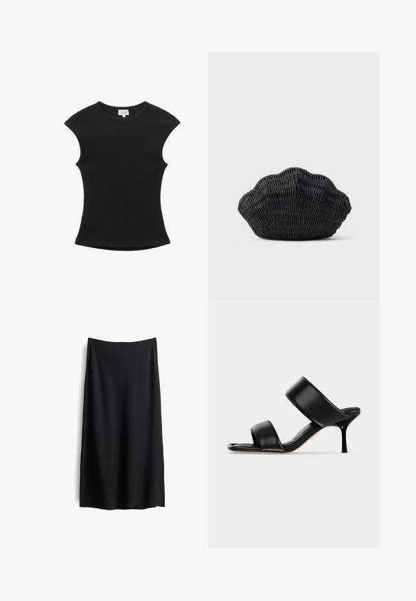 Schwarzes ärmelloses, figurbetontes, geripptes Stricktop mit rundem Ausschnitt und leicht dehnbarem Stoff.; Schwarze knielange Rock mit einer glatten, matten Textur. Verfügt über eine schlichte Silhouette und dezente Seitenschlitze für Bewegungsfreiheit.; Schwarze Leder-Mule-Sandale mit zwei breiten Riemen und einem schlanken, mittelhohen Stilettoabsatz auf einem schlichten hellen Hintergrund.; Schwarze Korbtasche in Muschelform mit gebogenem Oberteil und gewebter Textur auf einfarbigem Hintergrund.