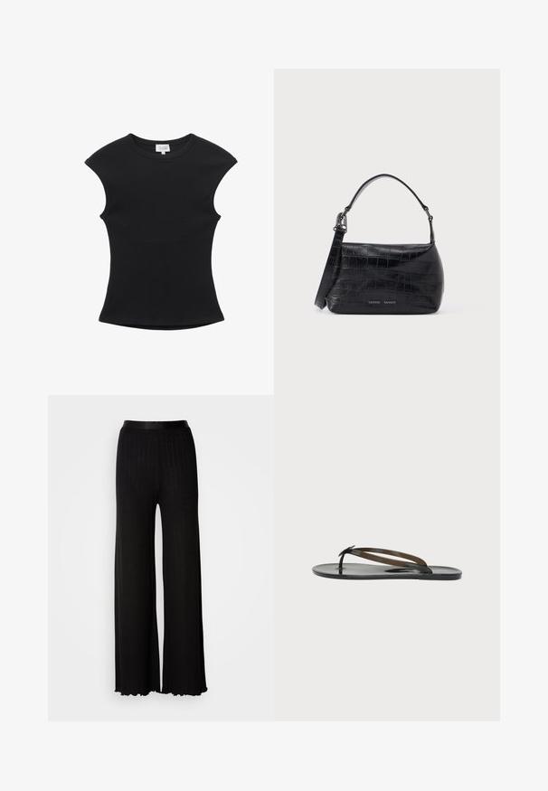 Haut noir moulant sans manches en maille côtelée avec un col rond et un tissu légèrement extensible.; Pantalons noirs à jambes larges avec une ceinture lisse, comportant des côtes verticales discrètes et des ourlets festonnés pour plus de texture et de détails.; Sandale plate noire brillante type tongs avec des fines brides croisées sur le pied et un entre-doigts sur un fond clair uni.; Sac à bandoulière en cuir noir embossé crocodile avec poignée supérieure et logo imprimé sur le devant.