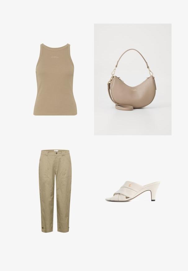 Top sin mangas de canalé beige con escote redondo, diseño sin mangas y un pequeño logo en relieve en el centro delantera. Textura de tela suave.; Pantalones beige, ligeros y de corte recto, con bolsillos laterales y detalles de botones en el dobladillo para un ajuste y estilo ajustables.; Mules de tacón alto beige con diseño de tira de cuero torcida, punta abierta y detalle de logotipo en relieve. El tacón tiene un detalle en punta negra.; Bolso de cuero de forma de media luna en color beige con cremallera superior, correa de hombro desmontable y logo dorado "Lacoste Paris" en la parte frontal.