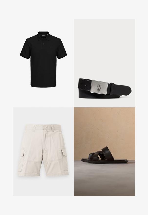 Schwarzes Poloshirt aus strukturiertem Stoff, mit einer Dreiknopf-Leiste und einem kleinen Logo auf der linken Brust. Kurze Ärmel.; Beige Cargoshorts mit Knopfverschluss, Gürtelschlaufen, seitlichen Taschen und zusätzlichen Klappentaschen an jedem Oberschenkel.; Schwarze Leder-Sandale mit flachem Absatz und drei überkreuzten Riemen, schwebend über einem gewebten Teppich aus Naturfasern.; Schwarzer Leder-Gürtel mit einer rechteckigen silbernen Metall-Schnalle, die ein geprägtes Reiter-Logo trägt, glatter Textur und fünf Gürtellöchern.