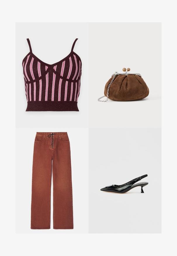 Burgundin värinen neulottu crop-top, jossa on ohuet olkaimet, pystysuorat vaaleanpunaiset metalliviivat ja ribattu helma. Teksturoitu kangas, jossa on selkeästi erotellut saumat.; Ruskolla värjätut leveälahkeiset housut, joissa on nauhakuja edessä, valmistettu denim-kankaasta. Ominaisuuksina kaksi etutaskua ja sileä rakenne.; Mustat patenttinahkaiset slingback-korot, joissa on kärjistetty varvas, teksturoitu pinta ja pieni korko. Sisäpuolella on kuvioitu vuori, jossa on tekstiä.; Ruskea mokkainen kolikkokukkaro hopeisella rungolla, kahdella puisella napsautuskuulalla ja hopeaketjuhihnalla valkoisella taustalla.
