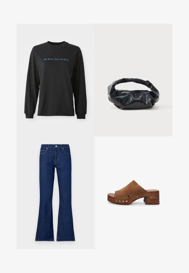Sort langærmet t-shirt i bomuld med blå tekst "All Work And No Play" i en dekorativ skrifttype på brystet.; Mørkeblå bootcut jeans med klassisk knap- og lynlåslukning, fem lommer og kontrastsyet detaljer. Fremstillet af denimstof.; Brune ruskind hæl-sandal med en bred strop og udskæringsdetalje, prydet med messing-nagle accenter og en træblokhæl.; Sort taske lavet af blankt, tekstureret materiale med et cirkulært, snoet håndtag og lynlås. Har et blødt, rynket design.
