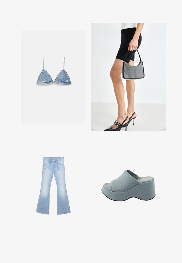 Blauer Denim-Triangle-Bralette mit dünnen Trägern, verziert mit silbernen Sternnieten und Strasssteinen auf einfarbigem Hintergrund.; Hellblaue Jeans aus Denim mit hoher Taille, zwei Vordertaschen, doppeltem Knopfverschluss und ausgestellten Beinen.; Helleblaue Plattform-Sandale mit ausgefranstem Obermaterial, offenem Zehendesign, dicker, gerundeter Sohle und strukturiertem grauem Laufsohlen.; Schwarze Perlen-Handtasche mit geschwungener Silhouette, Tragegriff und glänzender Textur. Kombiniert mit schwarzen High Heels und enganliegenden schwarzen Shorts.