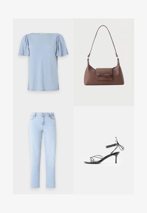Lys blå kortærmet top med puffede ærmer og firkantet halsudskæring. Lavet af blødt materiale med en let tekstureret overflade.; Lyseblå lige ben jeans lavet af denim, med en standard talje, fem lommer og subtile sømdetaljer.; Sort højhælet sandal med tynde stropper omkring anklen og en mellemhøj stilethælt på en hvid baggrund.; Brun skuldertaske i læder med en frontlomme med klap, der har en sydd sløjfedetalje, og en justerbar rem.