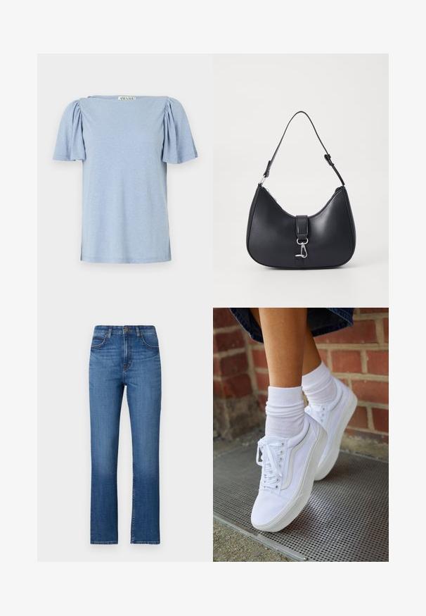 Haut léger bleu clair à manches courtes avec des manches bouffantes et un décolleté carré. Fabriqué en matériau doux avec une finition légèrement texturée.; Jean en denim bleu avec une coupe droite, taille haute, cinq poches et des coutures discrètes le long des coutures. Texture lisse.; Baskets en toile blanches avec semelles en caoutchouc, dotées de six œillets, d'un bout rond et de détails de couture légers, portées avec des chaussettes blanches mi-mollet.; Pieces PCLIKA SHOULDER BAG - Sac à main - black