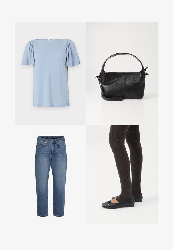 Lys blå kortærmet top med puffede ærmer og firkantet halsudskæring. Lavet af blødt materiale med en let tekstureret overflade.; Blå denim jeans med lige ben, forfra lukning med knap og lynlås samt lommer foran og bagpå, vist mod en hvid baggrund.; Ben iført mørke ribbede leggings kombineret med sorte balletsko med små sløjfedetaljer på hvid baggrund.; Sort læderhåndtaske med et struktureret design, rund tophåndtag og aftagelig skulderrem. Den har en glat tekstur og en subtil glans.