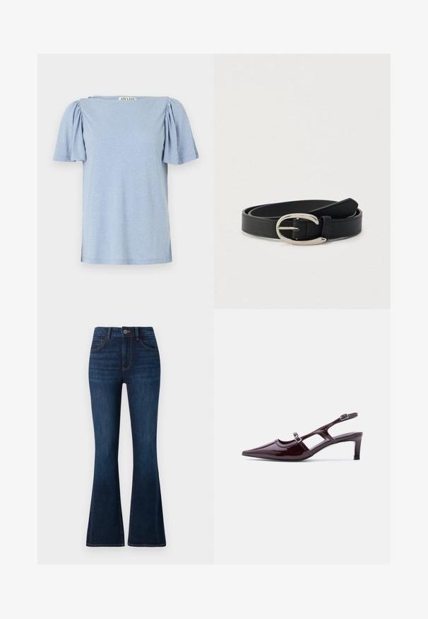 Lys blå kortærmet top med puffede ærmer og firkantet halsudskæring. Lavet af blødt materiale med en let tekstureret overflade.; TOM TAILOR STELLA darkblue; Bordeaux laklæder slingback-sko med spids tå, lav hæl og dobbelte justerbare spænderem.; Sort læderbælte med sølvfarvet ovalt spænde, rullet sammen på en lysegrå baggrund.