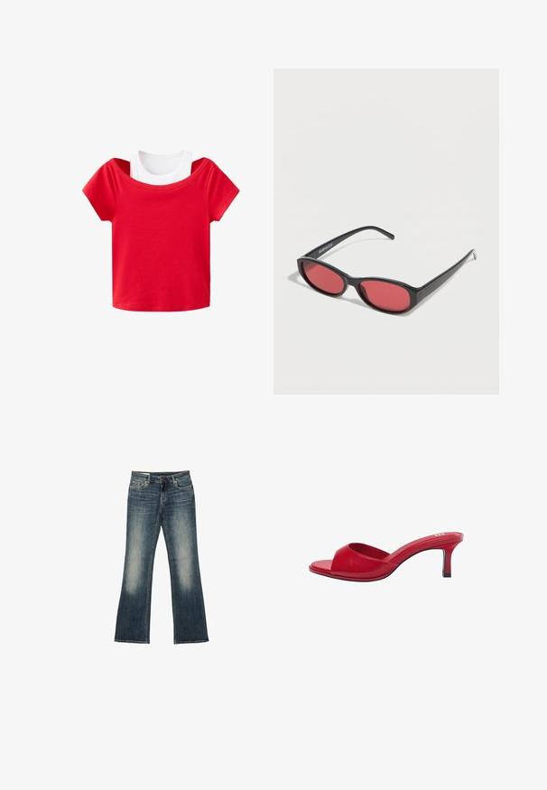 T-shirt rouge à manches courtes et court superposé à un débardeur blanc sans manches sur fond blanc.; Jean en denim bleu avec une jambe légèrement évasée et des zones décolorées sur les cuisses, avec poches avant et passants pour ceinture.; Mule en cuir rouge à bout ouvert avec un talon bas incurvé et une large bride à l'avant pour un look élégant et stylé.; Lunettes de soleil ovales noires avec des branches fines et des verres teintés rouges posées sur une surface blanche.