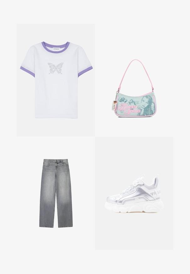 Hvid bomulds t-shirt med korte ærmer, lilla ribbet halsudskæring og rib, prydet med et sommerfuglemotiv lavet af rhinsten på fronten.; Bredde-grå denim jeans med en let falmet finish, der har fem lommer, lukning med knap foran og bæltestropper.; Hvid og sølvfarvet chunky sneaker med tyk, struktureret sål, mesh- og syntetiske paneler, rundet tå og trækflig på hælen.; Lille denimhåndtaske med lyserød kant, der har sort-hvide billeder af Britney Spears, rhinstenstjerne-designs og en fastgjort plastik ID-mærkat.