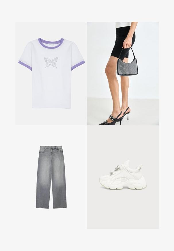 Hvid bomulds t-shirt med korte ærmer, lilla ribbet halsudskæring og rib, prydet med et sommerfuglemotiv lavet af rhinsten på fronten.; Bredde-grå denim jeans med en let falmet finish, der har fem lommer, lukning med knap foran og bæltestropper.; Hvid chunky sneaker med tyk tekstureret sål, sølvstjerne og sommerfugledekorationer på hvide snørebånd og sølvnitter på hælremmen.; Sort perlehandtaske med en buet silhuet, bærehåndtag og blank overflade. Båret med højhælede sorte sko og tætsiddende sorte shorts.