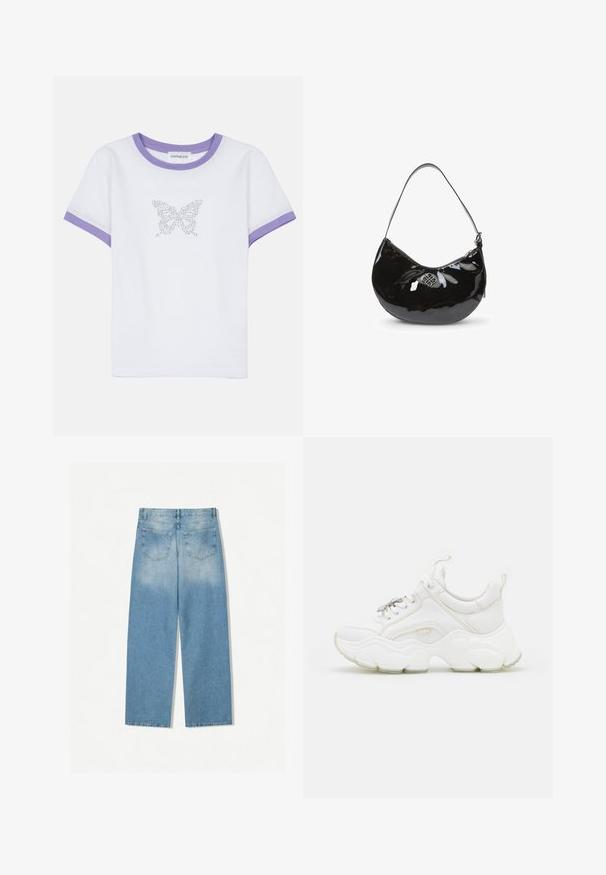 Hvid bomulds t-shirt med korte ærmer, lilla ribbet halsudskæring og rib, prydet med et sommerfuglemotiv lavet af rhinsten på fronten.; Lysblå denimjeans med lige ben-design, som har to baglommer og en falmet tekstur i de øverste sektioner.; Hvide chunky sneakers lavet af læder og mesh-materialer, med en tyk sål, rund tå og dekorative snørebånd. Let teksturerede detaljer.; Sort patentlæder håndtaske med en buet form, enkelt skulderrem, lynlåslukning og et dekorativt metal logo. Glat tekstur.