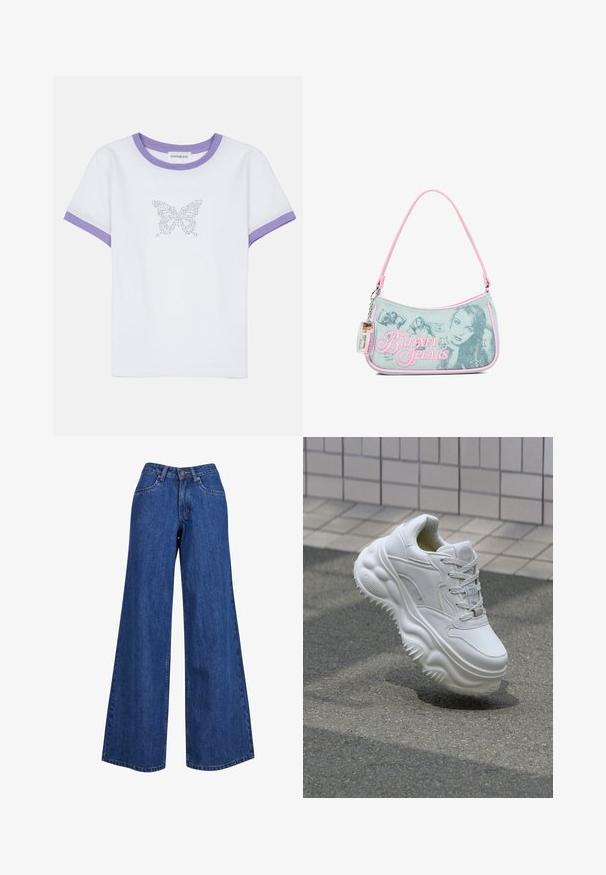 Hvid bomulds t-shirt med korte ærmer, lilla ribbet halsudskæring og rib, prydet med et sommerfuglemotiv lavet af rhinsten på fronten.; Bredde ben denim jeans i mellemblå, med høj talje, kontrasterende syninger og et klassisk femlommers design.; Hvide lædersneakers med en kraftig sål, teksturerede detaljer og snørelukning. Har formede accenter og en glat finish.; Lille denimhåndtaske med lyserød kant, der har sort-hvide billeder af Britney Spears, rhinstenstjerne-designs og en fastgjort plastik ID-mærkat.