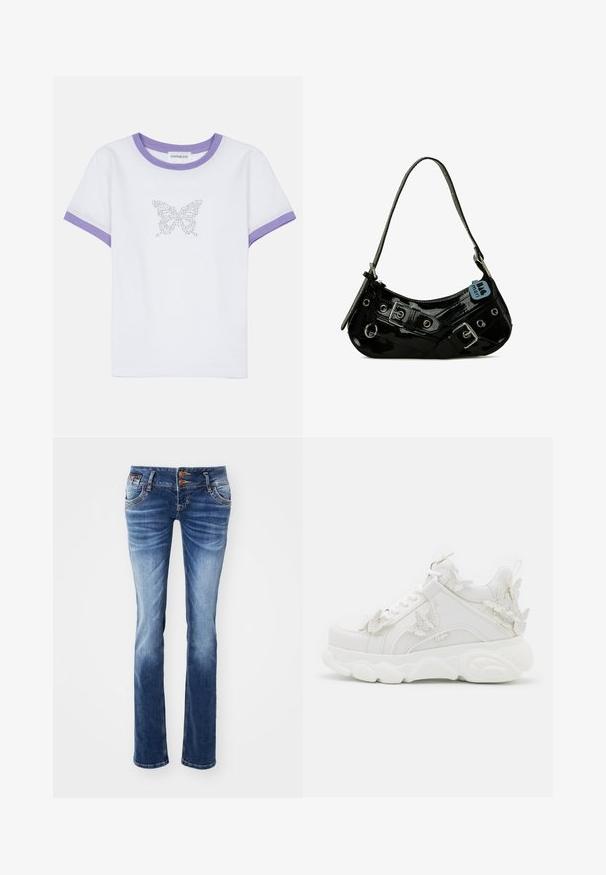 Camiseta de algodón blanca con mangas cortas, cuello y puños de canalé morados, que presenta un diseño de mariposa hecho de strass en la parte delantera.; Vaqueros de denim en un degradado de azul claro a oscuro, con un diseño clásico de cinco bolsillos, detalles de botones de metal y un corte recto.; Zapatilla blanca gruesa con suela gruesa y detalles decorativos de mariposas 3D en el lateral, los cordones y el talón.; Bolso de mano de charol negro con forma curva, que presenta herrajes plateados, hebillas decorativas y una correa corta. Etiqueta azul adjunta.