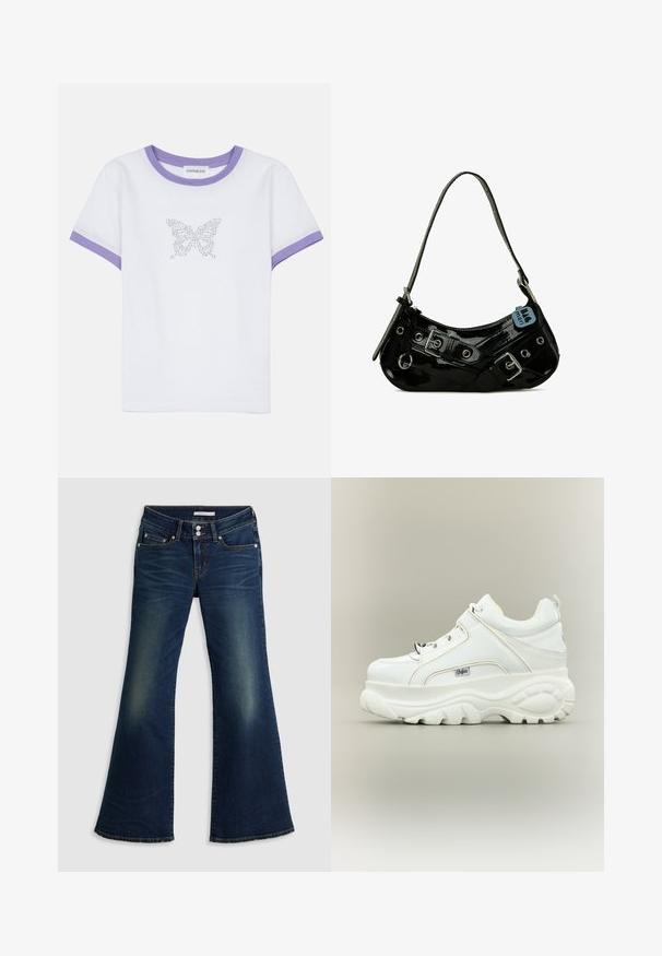 Hvid bomulds t-shirt med korte ærmer, lilla ribbet halsudskæring og rib, prydet med et sommerfuglemotiv lavet af rhinsten på fronten.; Mørkeblå denim superlow flare jeans med for- og baglommer, dobbelt knappelukning og slidte detaljer på lår og knæ.; Hvid platformsneaker med tyk klodset sål, snørebånd foran og Buffalo-brandlogo på siden, vist fra ydersiden.; Sort lakeret skuldertaske med en buet form, udsmykket med sølvhardware, dekorative spænder og en kort rem. Blå mærkat vedhæftet.