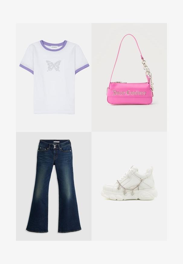 T-shirt en coton blanc à manches courtes, avec un col et des poignets en ribbed violet, arborant un motif de papillon en strass sur le devant.; Jean flare super bas en denim bleu foncé avec poches avant et arrière, fermeture à double bouton et détails décolorés sur les cuisses et les genoux.; Baskets blanches avec une semelle épaisse, tige en cuir texturé et chaîne en métal décorative avec des breloques. Dispose d'un système de laçage et d'un col rembourré.; Petit sac à main Juicy Couture rose vif avec détail en chaîne argentée et lettrage du logo sur le devant, une seule bandoulière étroite.