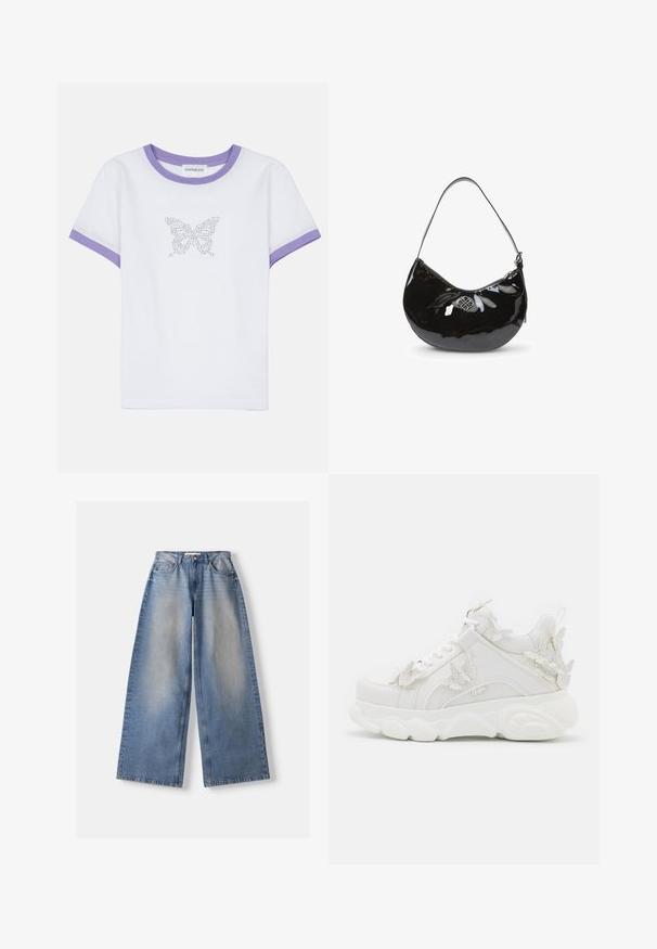 Hvid bomulds t-shirt med korte ærmer, lilla ribbet halsudskæring og rib, prydet med et sommerfuglemotiv lavet af rhinsten på fronten.; Lyseblå vidde jeans med falmet front, fem-lomme stil, knap- og lynlåslukning, lagt fladt på en hvid baggrund.; Hvid chunky sneaker med tyk sål og dekorative 3D sommerfugle detaljer på siden, snørebånd og hæl.; Sort patentlæder håndtaske med en buet form, enkelt skulderrem, lynlåslukning og et dekorativt metal logo. Glat tekstur.