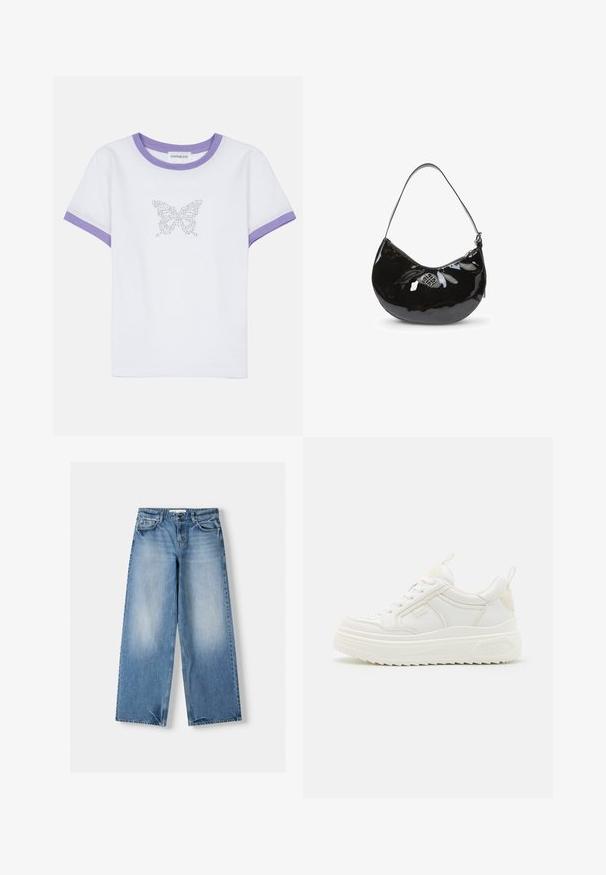 Hvid bomulds t-shirt med korte ærmer, lilla ribbet halsudskæring og rib, prydet med et sommerfuglemotiv lavet af rhinsten på fronten.; Lysblå jeans med afslappet pasform, brede ben og slidte sektioner. Fremstillet af denim med klassisk fem-lommerdesign og lukning med en topknap.; Hvide lædersneakers med en kraftig sål, snørebåndsdesign og subtil branding. Har en glat overflade og rund tå.; Sort patentlæder håndtaske med en buet form, enkelt skulderrem, lynlåslukning og et dekorativt metal logo. Glat tekstur.