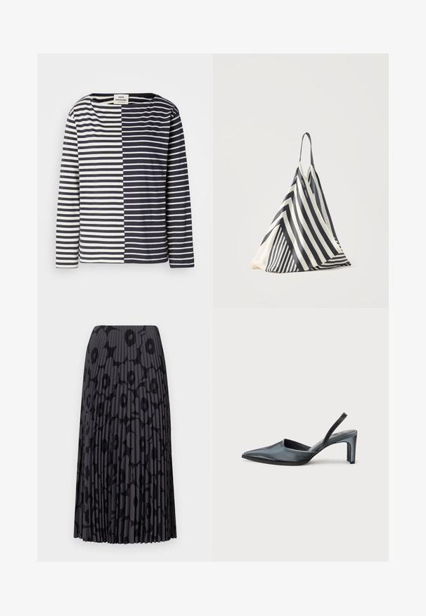 Top de manga larga a rayas con una combinación de colores en azul marino y blanco, confeccionado en una tela suave con un corte amplio y un escote ancho.; Falda negra plisada con un patrón floral, hecha de tela ligera; presenta rayas verticales y una cinturilla elástica.; Tacón destalonado negro con punta puntiaguda, acabado de satén elegante y tacón delgado de 3 pulgadas. Diseño lateral abierto con detalle mínimo de costuras.; Bolsa triangular de tela a rayas blancas y negras con una sola correa para el hombro, colocada verticalmente sobre un fondo claro y simple.