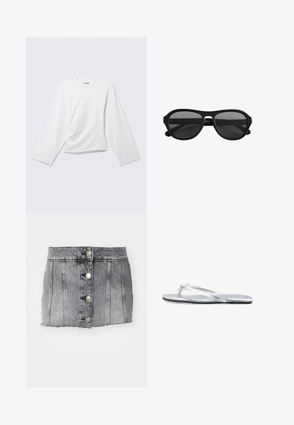 T-shirt blanc uni à manches longues et col rond, avec un subtil détail de drapé à l'avant et une coupe légèrement ample.; Jupe en denim gris à taille haute, avec cinq boutons en argent, des coutures verticales et un ourlet brut. A une silhouette ajustée et une texture douce.; Sandale plate argentée à lanières fines avec un petit nœud sur le dessus, équipée d'une semelle noire.; Lunettes de soleil à monture en plastique noir avec des verres teintés foncés et un pont étroit, vues de face sur un fond blanc.