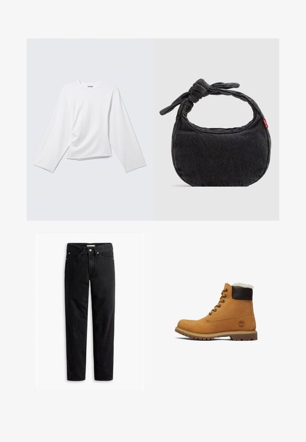 Simpel hvid langærmet rundhalset trøje med subtilt fald foran og en let løs pasform.; Sorte straight-leg jeans med knap- og lynlåslukning, bæltestropper samt for- og baglommer, vist fladt på hvid baggrund.; Brune læder ankelstøvle med en mørkebrun polstret krave, metaløjer og en tekstureret, holdbar sål. Har et logo nær hælen.; Lille sort denim skuldertaske med knyttet rem og lynlåslukning, med en rød Levi's stofetiket på siden.