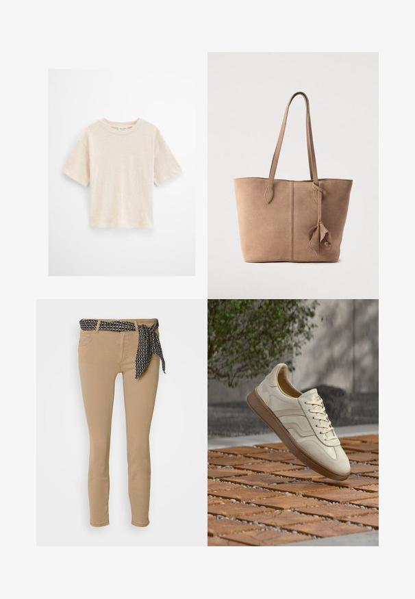 Camiseta de manga corta color crema con cuello redondo, corte holgado y textura sutil sobre un fondo claro y liso.; Jeans skinny beige con una cinturilla negra estampada y una corbata a juego. Presentan cinco bolsillos y una textura suave de mezcla de algodón.; Zapatilla de color crema con suela de goma beige texturizada, diseño con cordones y sutiles detalles de marca en el lateral. Parte superior de cuero liso.; Bolso tote de ante en beige apagado con dos correas largas, un diseño sencillo y un detalle de adorno atado en un lado. Textura suave en toda la superficie.