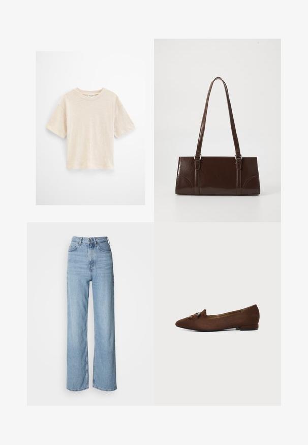 Flødefarvet T-shirt med korte ærmer og rund hals, løs pasform og subtil tekstur på en ensfarvet lys baggrund.; Lyseblå højtskårne jeans med lige ben, lavet af denim, med frontknaplukning og diskrete falmede detaljer.; Brun flad sko med spids tå og dekorativ spændedetalje på toppen, sat mod en ensfarvet lys baggrund.; Brun lakeret håndtaske med rektangulær form, to lange håndtag og subtile buede detaljer på fronten.
