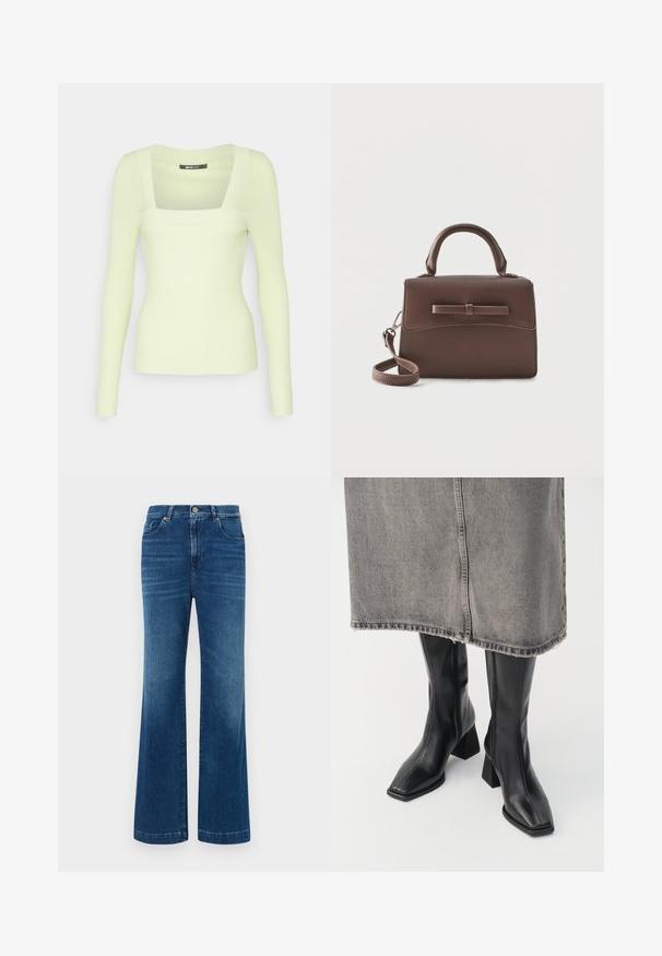 Gina Tricot Tall SQUARENECK - Camiseta de manga larga - lime sherbet; Jeans de mezclilla azul de pierna ancha con una cintura alta, cinco bolsillos y un cierre de botón clásico. La tela tiene una textura suave y ligeramente deslavada.; Botas negras hasta la rodilla de cuero liso con punta cuadrada y tacón cuadrado. Llevadas con una falda de mezclilla gris con dobladillo desflecado.; Pequeño bolso de mano de cuero marrón con asa superior, correa de hombro desmontable y solapa frontal acentuada por un detalle de tira de cuero horizontal.