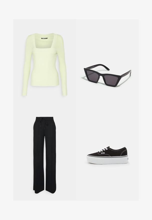 Gina Tricot Tall SQUARENECK - Pikkade varrukatega topp - lime sherbet; Mustad laiad püksid, mis on valmistatud pehmest kangast. Omab elastset vöökohta koos paelaga, puhtaid jooni ning ei sisalda nähtavaid mustreid ega aktsente.; Must musta tennis jalanõud valge kummi platvormi tallaga, valgete paelte ja õmblustega, ikoonilise kaubamärgiga küljes, madala lõikega disain.; Mustad mustrakellad, millel on hallid šabloonid; valmistatud plastist, paksude ja siledate kätega, ilma nähtava riistvarata.