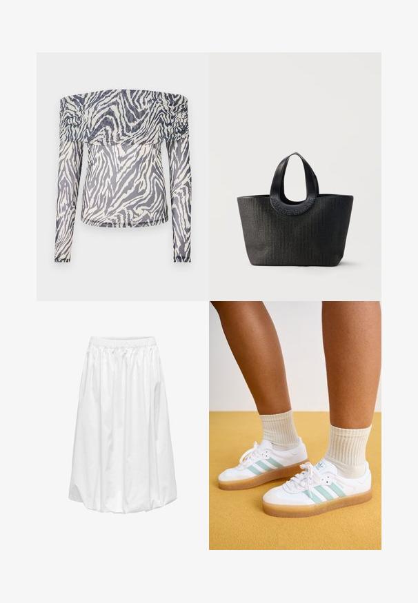 Top à manches longues décolleté en tissu transparent, présentant un motif zèbre noir et blanc avec des détails froncés au niveau du col.; Jupe midi blanche avec taille élastique, présentant une texture lisse et légèrement brillante, ainsi qu'un design froncé pour une silhouette volumineuse.; Baskets blanches avec des rayures vert menthe, semelle en caoutchouc et lacets, associées à des chaussettes crème à côtes. Sur fond jaune.; Sac cabas noir texturé avec de larges poignées arrondies présentant le nom de la marque embossé "Samsøe Samsøe" sur fond neutre.