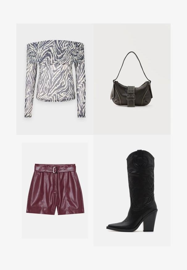 Off-the-shoulder pitkähihaine toppi, joka on valmistettu läpinäkyvästä kankaasta ja jossa on mustavalkea seeprahäntypaita, jossa on rypytetty yksityiskohta kaula-aukossa.; Burgundin väärennöksestä valmistetut shortsit, joissa on leveä vyötärönauha, hopea solki vyössä ja etupleikkuja rentoa siluettia varten.; Simmi London DANIQUE - Korolliset saappaat - black; Musta nahkainen olkalaukku, jossa solkikiinnitys, pyöristetyt reunat ja vastavärinen valkoinen ommel yksivärisellä taustalla.