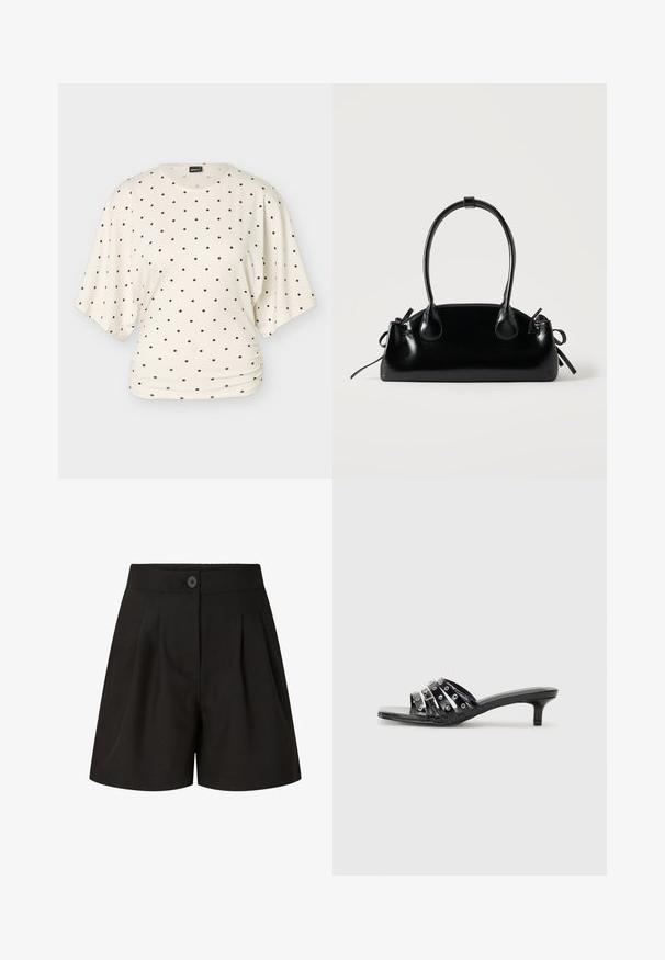 Blouse crème à manches courtes avec une coupe ample et des pois noirs répartis uniformément, présentant de légers fronces à la taille.; Shorts noirs taille haute ajustés avec plis à l'avant, fermeture par bouton et finition tissu lisse.; Sandales à talons noires avec plusieurs brides brillantes et des accents métalliques, présentant un bout pointu et des talons kitten discrets. Texture lisse.; Petit sac à main noir brillant avec deux longues anses et des détails à cordon sur les côtés sur un fond clair uni.