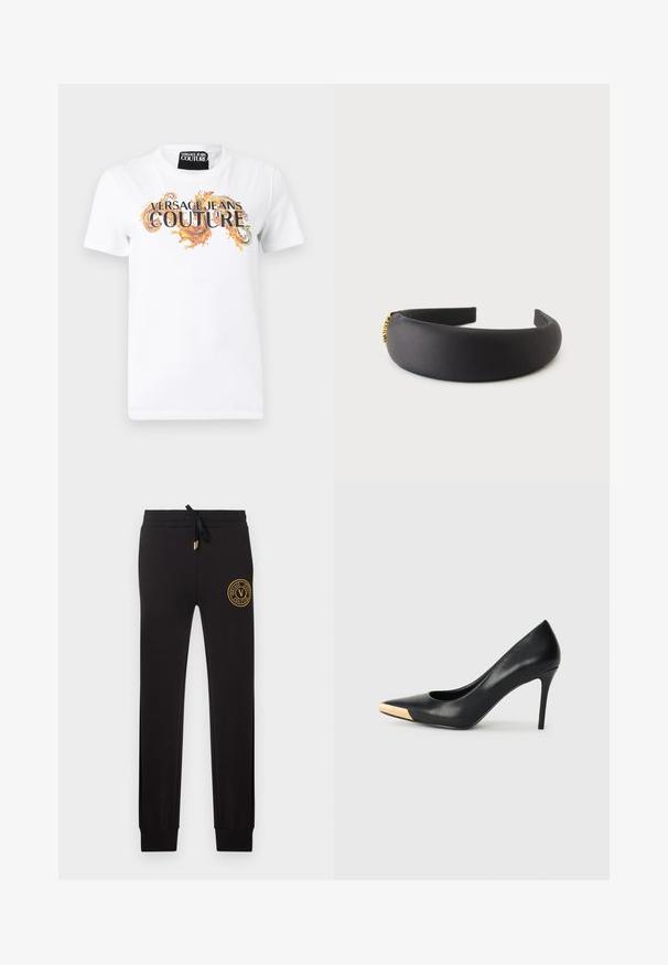 Wit T-shirt met korte mouwen met de tekst "Versace Jeans Couture" en oranje decoratieve krullen op de voorkant, ronde hals.; Zwarte slim-fit joggingbroek met trekkoord in de taille en een gouden Versace Jeans Couture-logo patch op de bovenste linker dij.; Zwarte leren hoge hak pump met een spitse neus; heeft een metallic gouden accent op de neuskap. Glad oppervlak met een stijlvolle vormgeving.; Zwart gevoerd hoofdbandje met een gladde stofafwerking en een klein decoratief gouden detail aan één kant.
