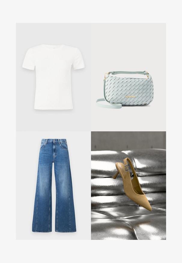 Camiseta blanca de manga corta hecha de suave tejido de algodón. Presenta un sutil patrón de puntitos y un cuello redondo, con un corte ajustado y textura acanalada.; Vaqueros de mezclilla azul de pierna ancha con cintura alta, que cuentan con bolsillos frontales y un aspecto desgastado, fabricados en algodón con una textura suave.; Zapato beige de ante con tacón kitten y tira trasera, con una hebilla plateada, colocado sobre una superficie metálica brillante y capitonada.; Bolso de mano de cuero azul claro tejido con forma rectangular, detalles de herrajes dorados y una correa desmontable para opciones de transporte versátiles.
