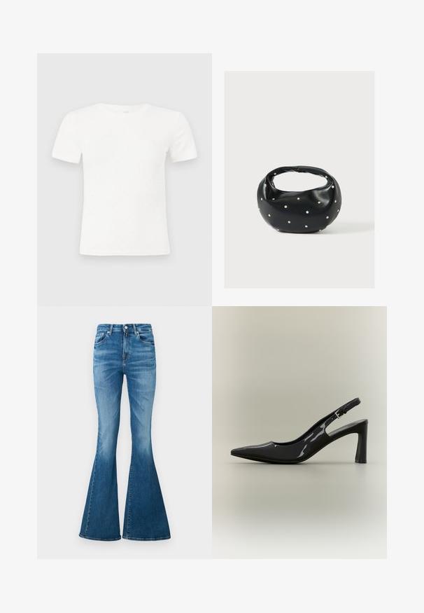 T-shirt blanc à manches courtes en tissu de coton doux. Présente un motif de petits points discret et un col rond, avec une coupe ajustée et une texture côtelée.; Jeans évasés en denim de poids moyen, à taille haute, de couleur bleu clair, avec un léger délavage et un design classique à cinq poches.; Escarpin slingback en cuir verni noir, bout pointu, talon bloc de hauteur moyenne et bride ajustable avec boucle.; Sac à main en cuir noir de forme arrondie, décoré de clous argentés et équipé d'une poignée courte. Texture lisse et fermeture éclair.
