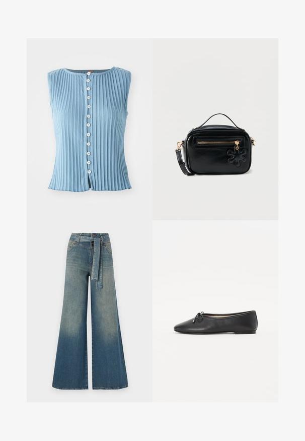 Lichtblauwe, mouwloze top met een verticale geribbelde textuur en een ronde halslijn. Heeft witte knopen aan de voorkant en een lichte split aan de zoom.; Wijduitlopende denim broek met een lichte naar donkere blauwe gradient, hoge taille, riemlussen en een bijpassende stoffen riem. Gestructureerde denimafwerking.; Zwarte leren balletschoenen met een ronde neus en een decoratieve strikdetail. Het ontwerp heeft een gladde textuur en een lage, platte hak.; Compact zwarte leren crossbodytas met gouden rits, klein handvat bovenaan, afneembare band en zwarte bloemvormige hanger aan de voorzak.
