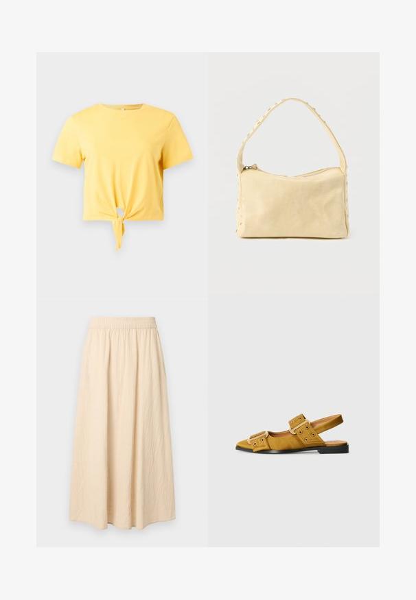 Geel kort mouw crop t-shirt met een knoop aan de voorkant en een ronde hals op een witte achtergrond.; Lange beige rok met elastische tailleband, zachte textuur stof en een losse, vloeiende silhouet.; Geel suède slingback schoen met twee grote gespen, ronde neus, lage hak en zwarte zool. Bevat perforaties op de banden.; Kleine beige leren handtas met een enkele band en zilveren studs langs de randen en band, tegen een effen achtergrond.