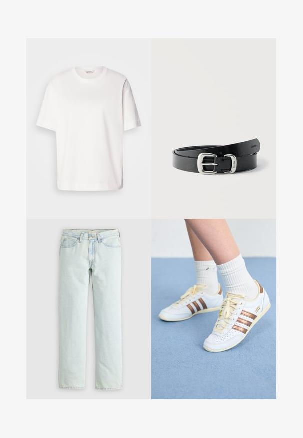 Hvid bomulds t-shirt med korte ærmer, rund halsudskæring, afslappet pasform og glat tekstur; ingen mønstre eller synligt hardware.; Lyseblå denimjeans med straight-leg design, fem lommer og synlige sømme. Materialet har en blød, let tekstureret finish.; Hvide sneakers med bronze striber, tekstureret læder, gule snørebånd og perforerede detaljer. Båret med hvide ribbede sokker på en blød blå overflade.; Sort læderbælte snoet med sølv metal spænde indgraveret med "Calvin Klein" mod en ens hvid baggrund.