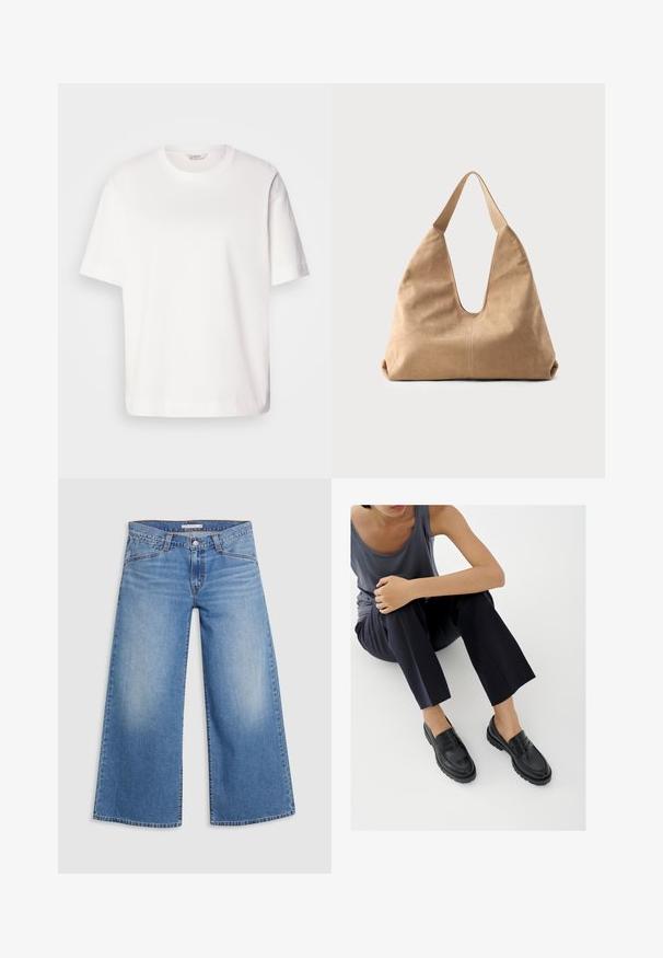 Weißes Baumwoll-T-Shirt mit kurzen Ärmeln, Rundhalsausschnitt, lockerer Passform und glatter Textur; ohne Muster oder sichtbare Metallteile.; Hellblaue weite Jeans aus Denim, mit hoher Taille, klassischem Fünf-Taschen-Design und sanften Ausbleichungen entlang der Beine.; Schwarze Leder-Loafer mit strukturierten Akzenten, niedrigem Absatz, rundem Zehenbereich und sichtbarer Naht. Das Modell trägt dunkle Hosen und ein graues Oberteil.; Hobo-Tasche aus weichem beigem Wildleder mit tiefem V-Ausschnitt, breitem Schultergurt und glatter Oberfläche; mit einem abgerundeten Boden für Stabilität.