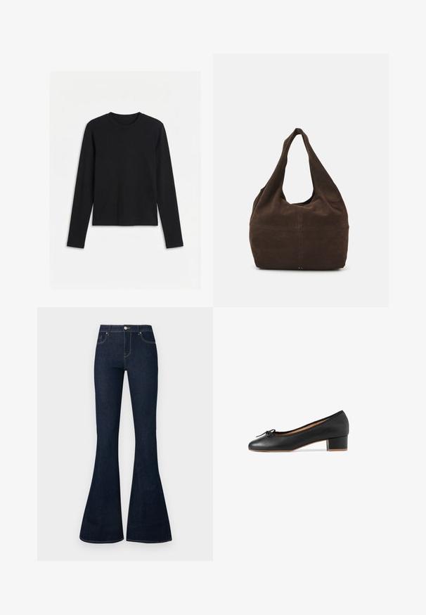 T-shirt noir à manches longues avec col rond, coupe ajustée et design uni, présenté sur un fond blanc.; Jean en denim bleu foncé taille haute avec jambes évasées, bouton et zip à l'avant, et conception à cinq poches.; Ballerines en cuir noir avec un bout arrondi, un petit talon bloque et une bordure en tissu. Présente un nœud décoratif sur la zone des orteils.; Sac à épaule en daim marron au design hobo. Il dispose d'une large ouverture, d'une texture douce et d'une poignée arrondie sans couture pour un transport facile.